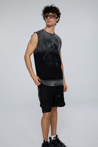 Stark Motif Sleeveless Print Top Black