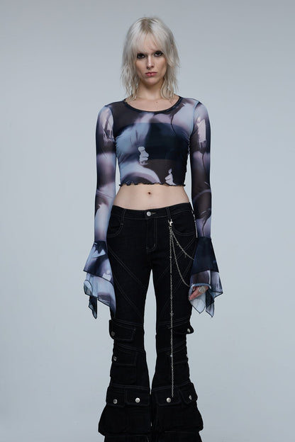 Stark Split Long Sleeve Print Crop Top