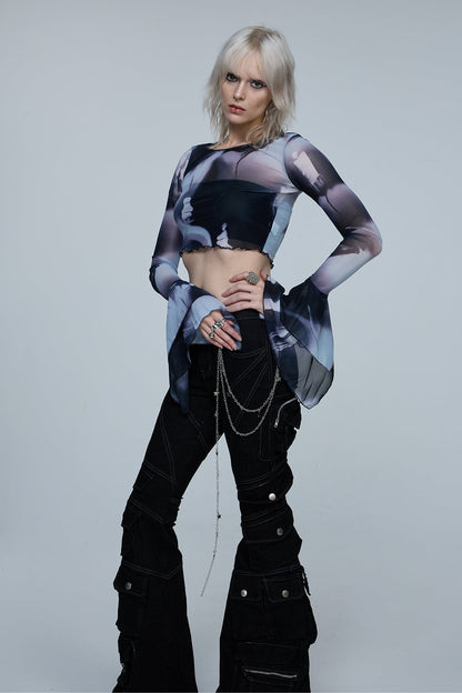 Stark Split Long Sleeve Print Crop Top