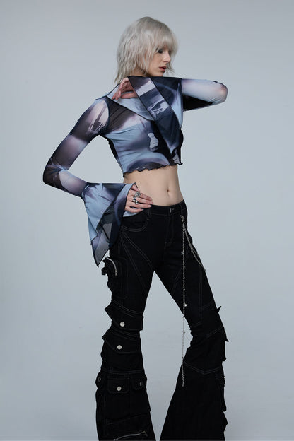 Stark Split Long Sleeve Print Crop Top