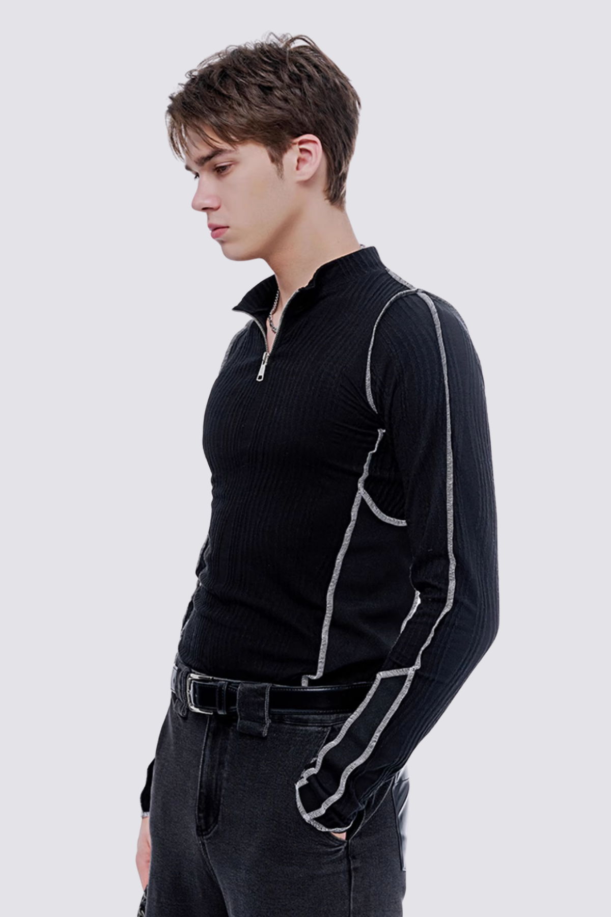 Steel Ghost Zipper Long Sleeve Top Black