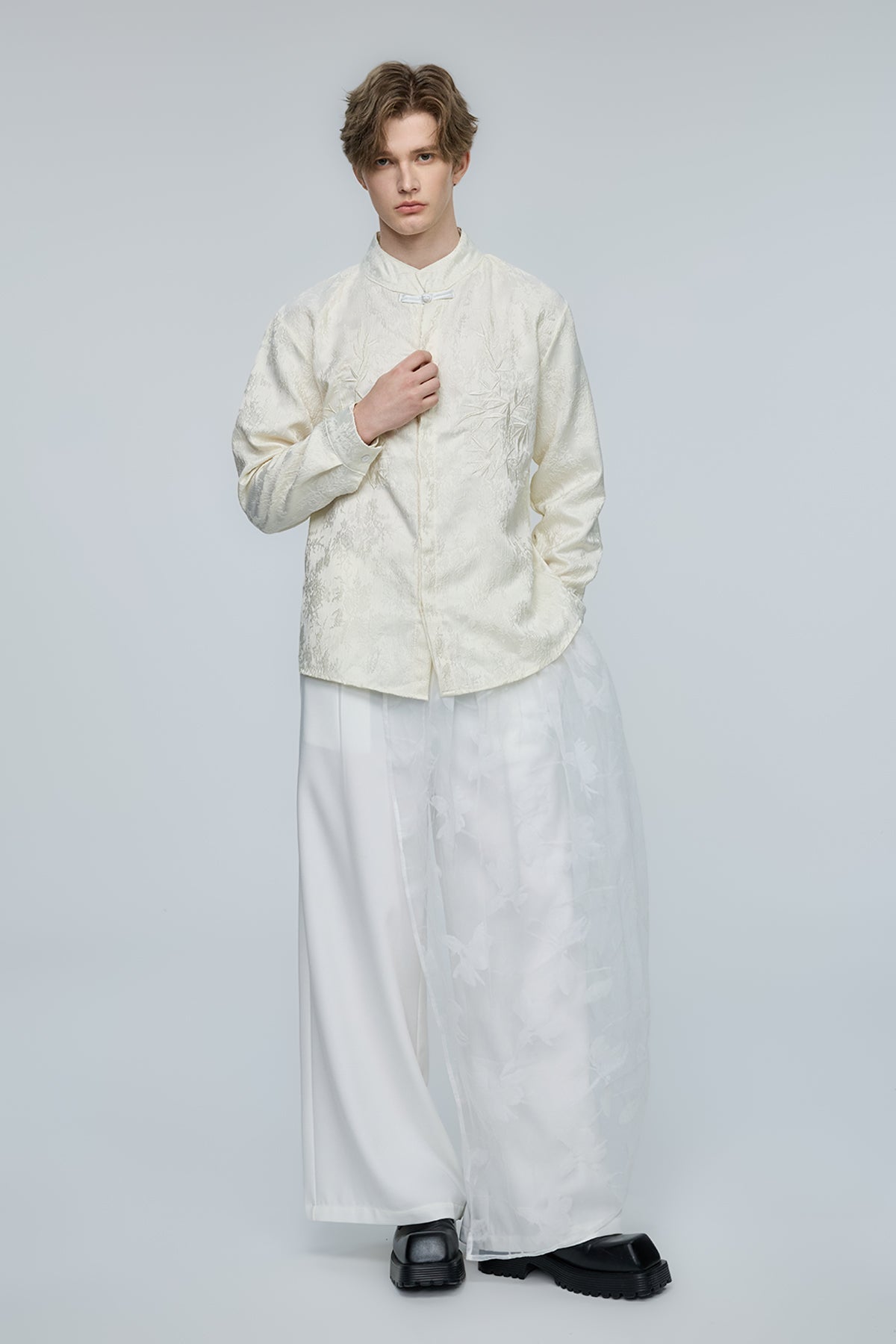 Steel Palette Embroidery High Neck Shirt Apricot