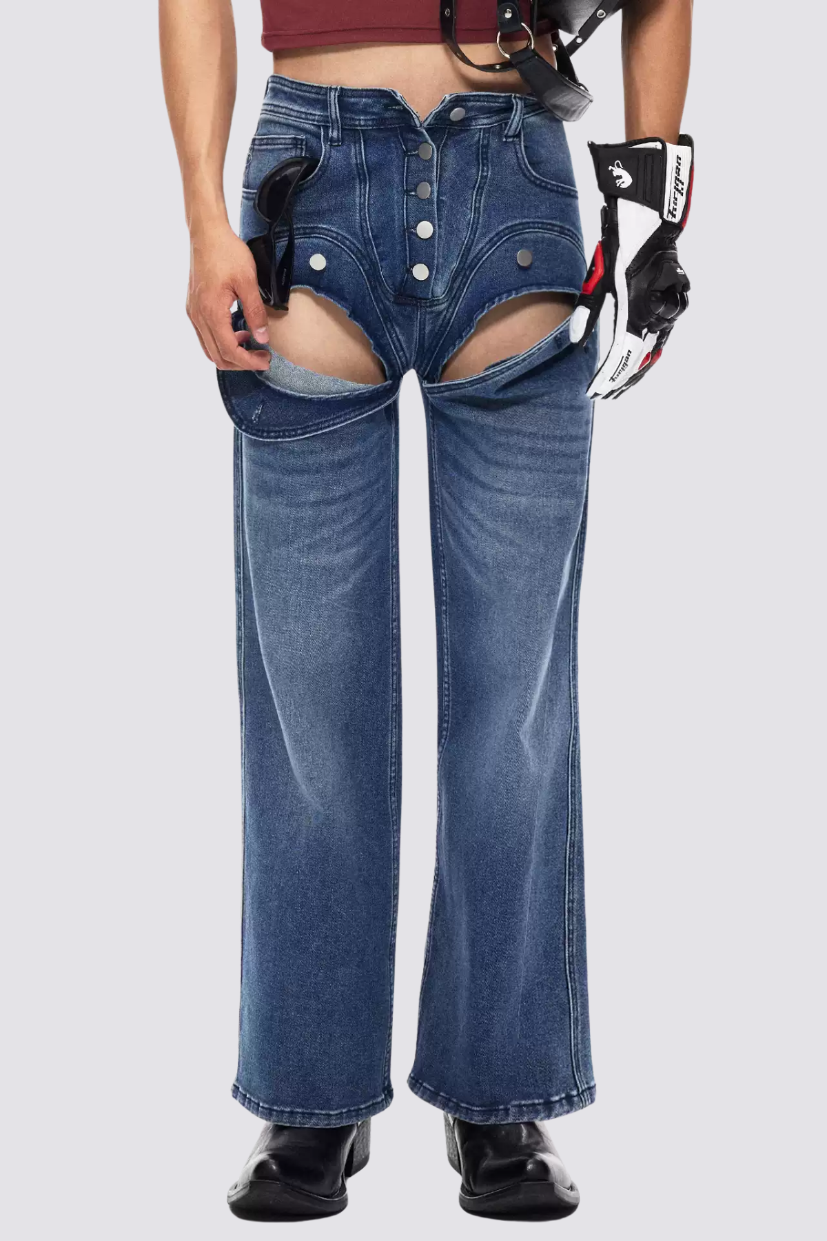 Steel Patina Cutout Straight Deconstructed Jeans