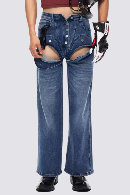 Steel Patina Cutout Straight Deconstructed Jeans