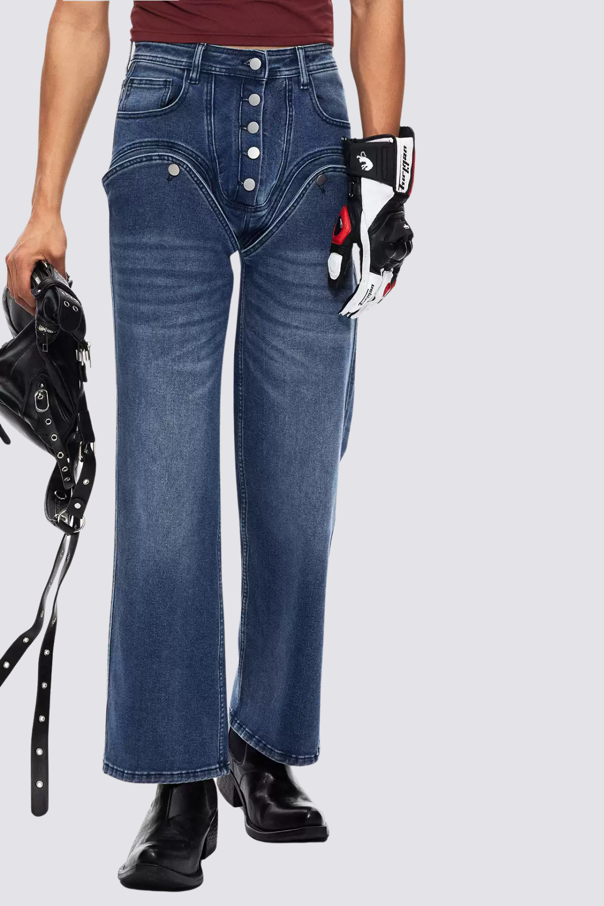 Steel Patina Cutout Straight Deconstructed Jeans