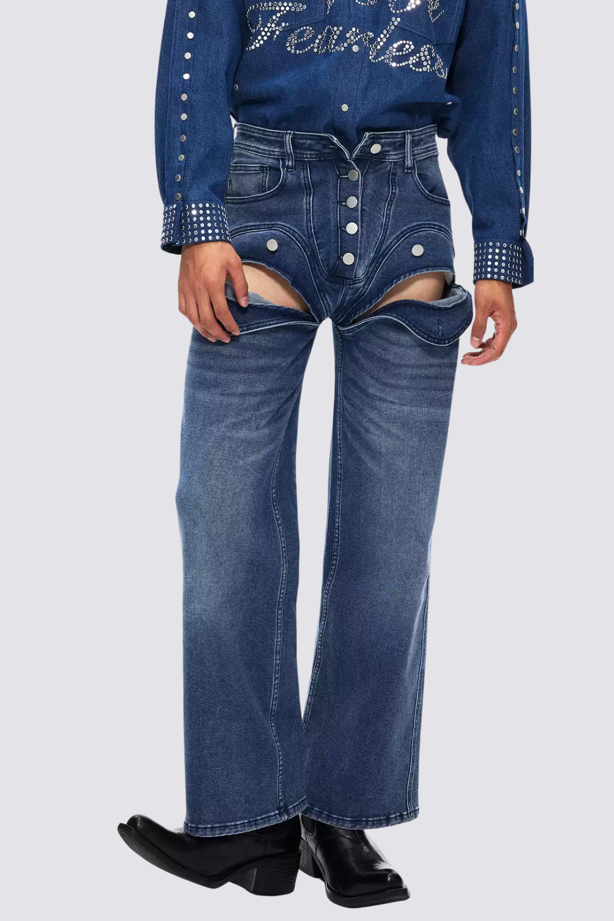 Steel Patina Cutout Straight Deconstructed Jeans