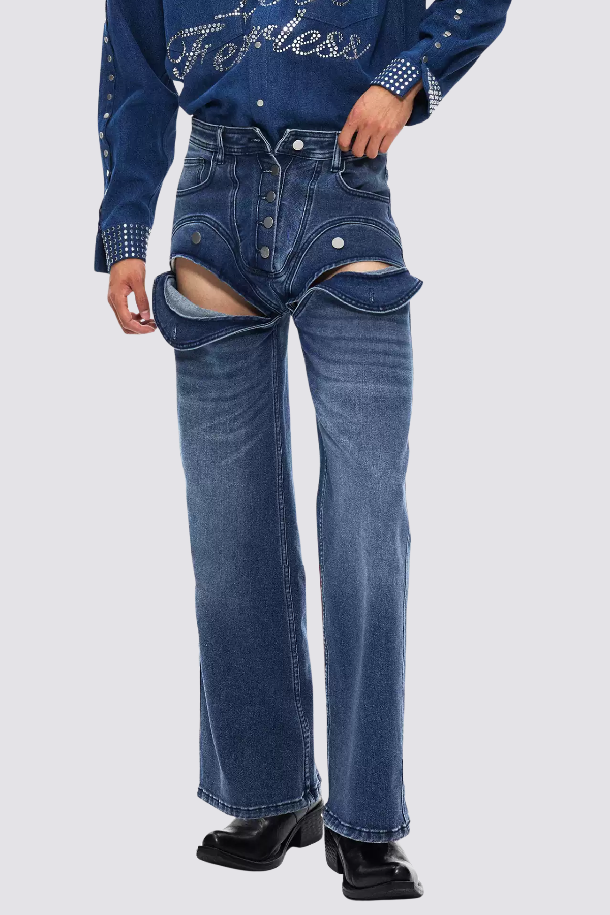 Steel Patina Cutout Straight Deconstructed Jeans