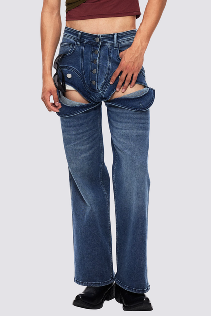 Steel Patina Cutout Straight Deconstructed Jeans
