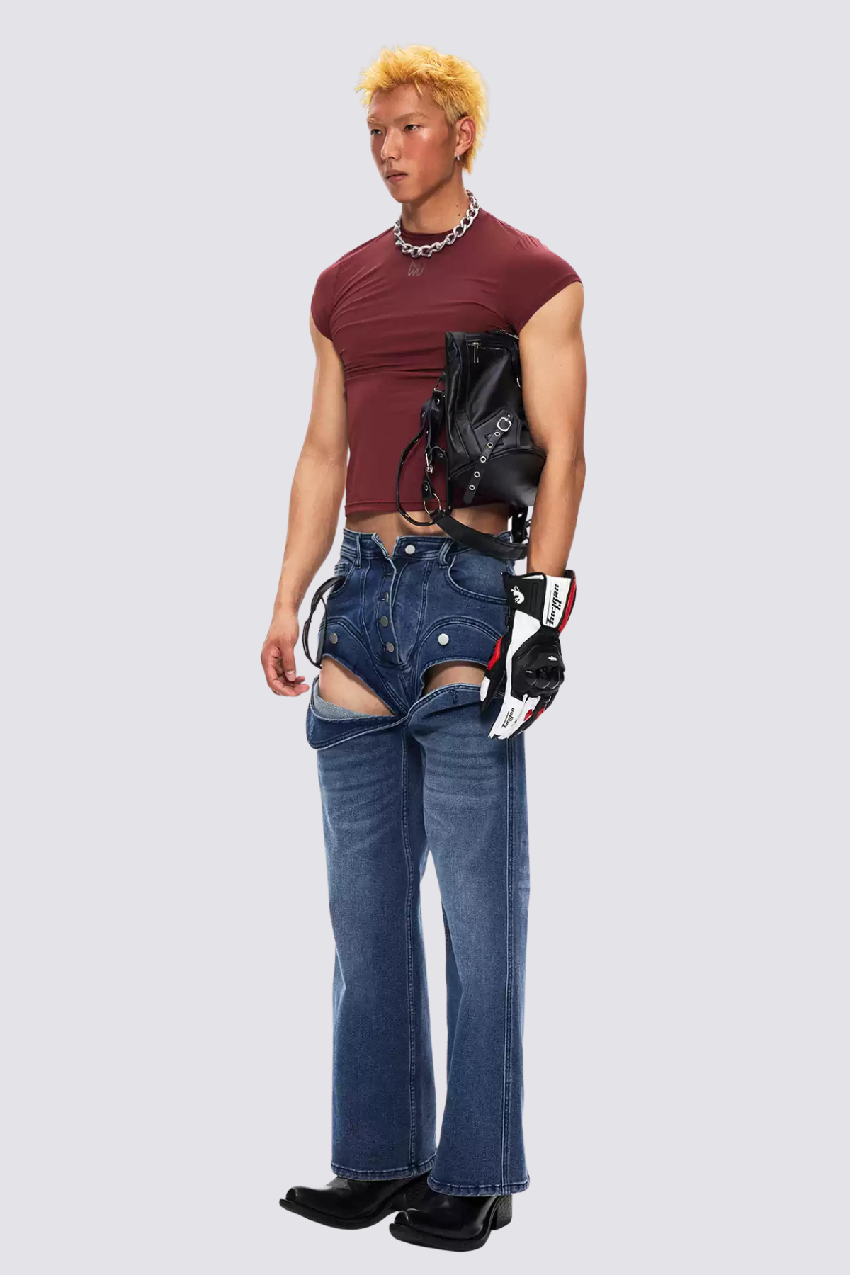 Steel Patina Cutout Straight Deconstructed Jeans