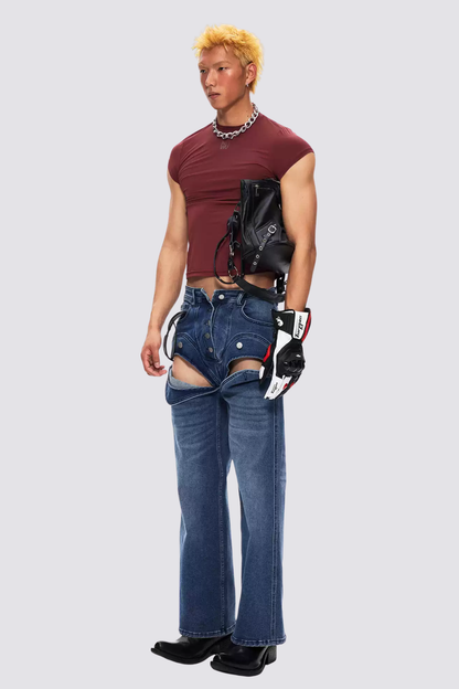 Steel Patina Cutout Straight Deconstructed Jeans