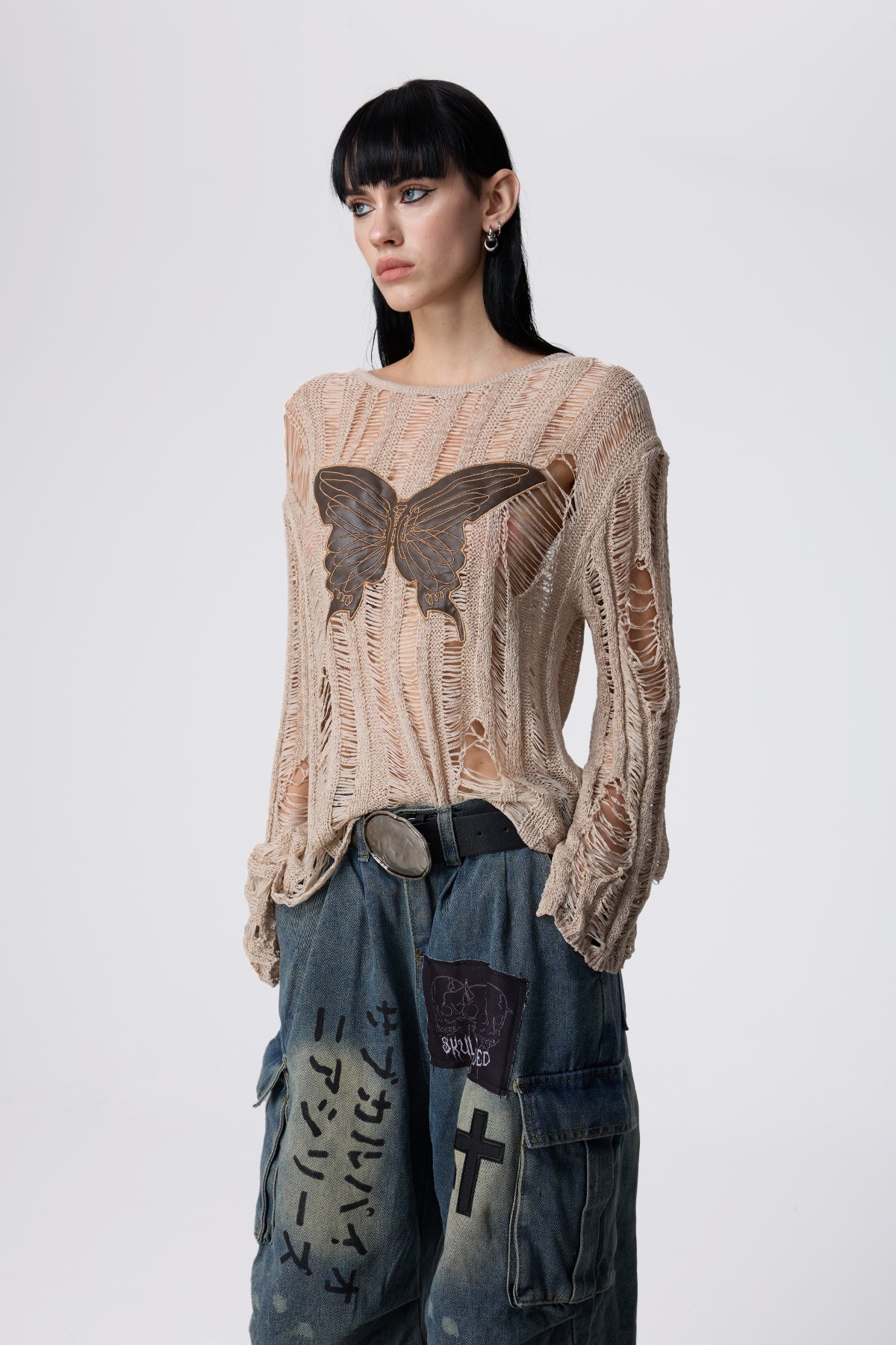Stitch Ease Butterfly Embroidered Top Apricot