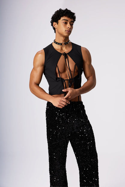 Stone Motion Lace Up Sleeveless Top Black