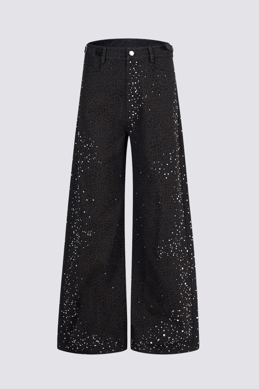 Storm Track Leopard Print Rhinestone Wide Leg Pants