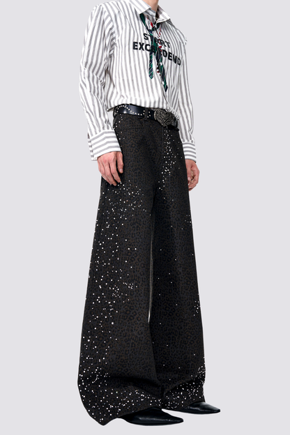 Storm Track Leopard Print Rhinestone Wide Leg Pants