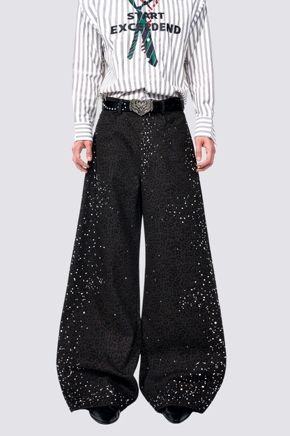 Storm Track Leopard Print Rhinestone Wide Leg Pants