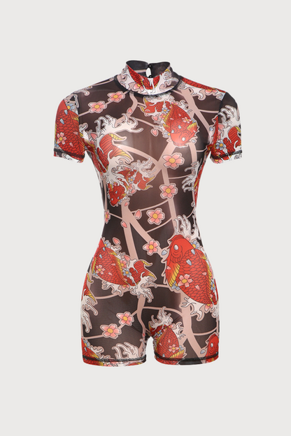 Strap Shift Mesh Carp Print Playsuit