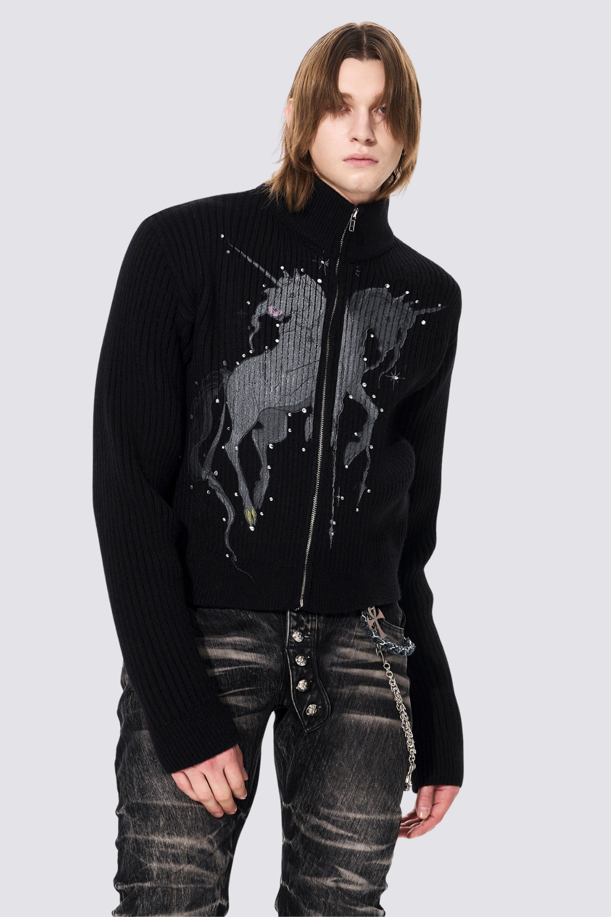 Subtle Knit Unicorn Print Jacket Black