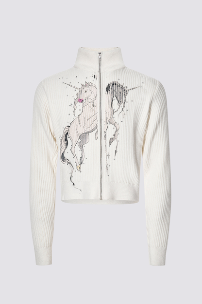 Subtle Knit Unicorn Print Jacket White