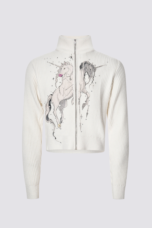 Subtle Knit Unicorn Print Jacket White