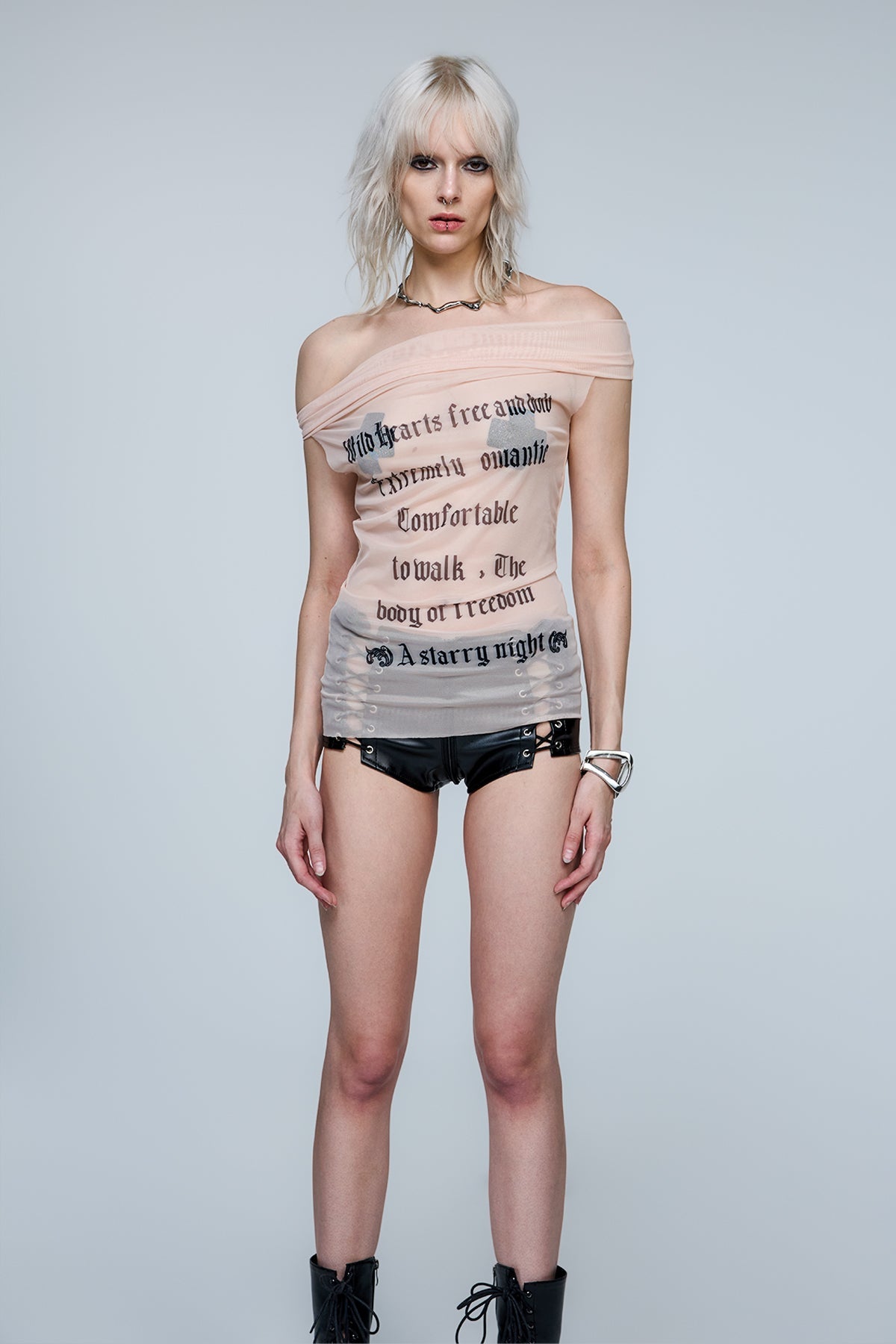 Synth Filter Off Shoulder Mesh Print Top
