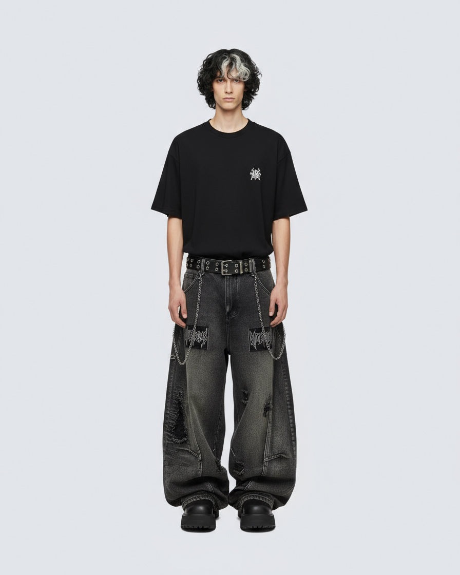 American Avant-Garde Distressed Letter Wide-Leg Jeans