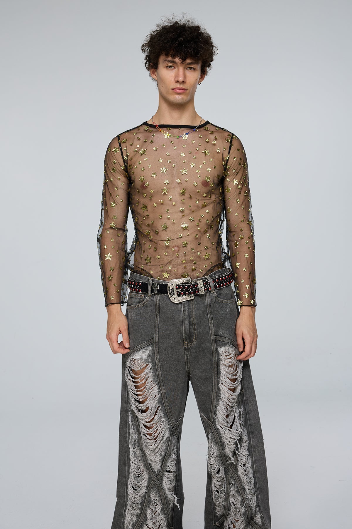 Tactile Flow Long Sleeve Mesh Sequin Top
