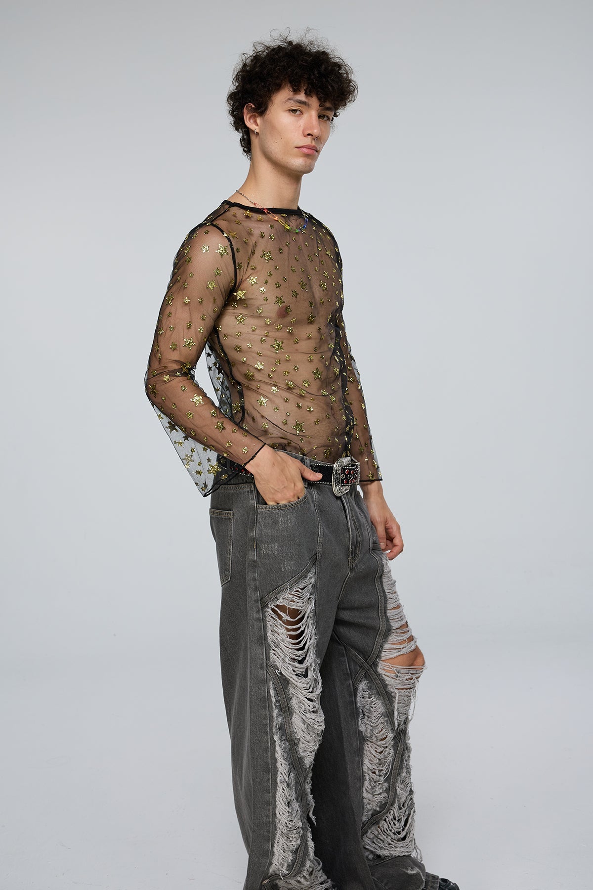 Tactile Flow Long Sleeve Mesh Sequin Top