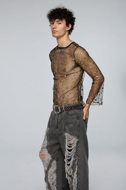 Tactile Flow Long Sleeve Mesh Sequin Top