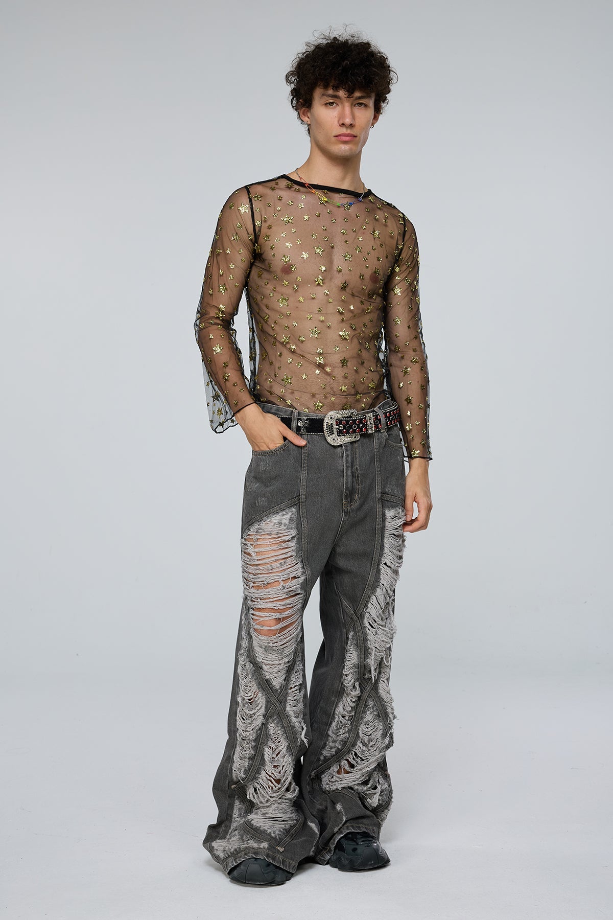 Tactile Flow Long Sleeve Mesh Sequin Top