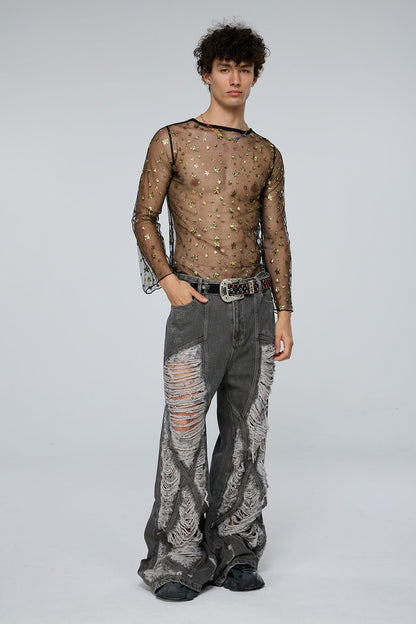 Tactile Flow Long Sleeve Mesh Sequin Top