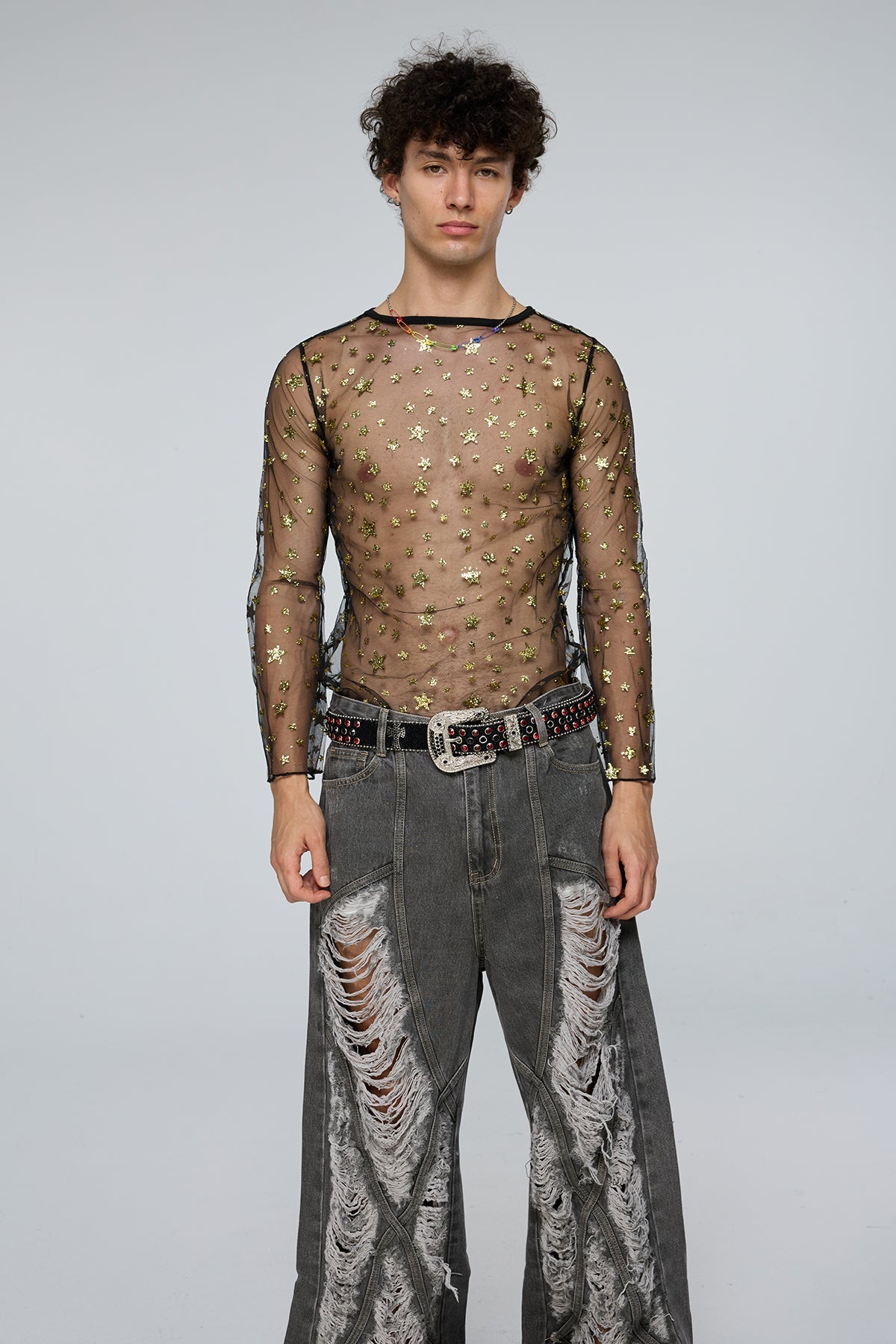 Tactile Flow Long Sleeve Mesh Sequin Top