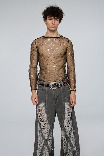Tactile Flow Long Sleeve Mesh Sequin Top