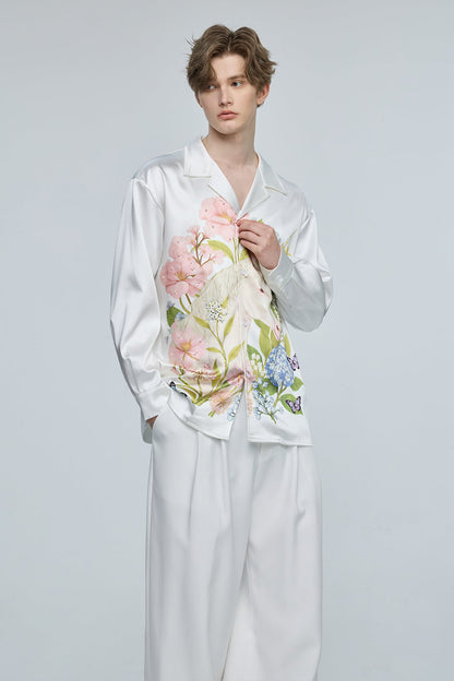 Techno Bloom Print Rhinestone Long Sleeve Top