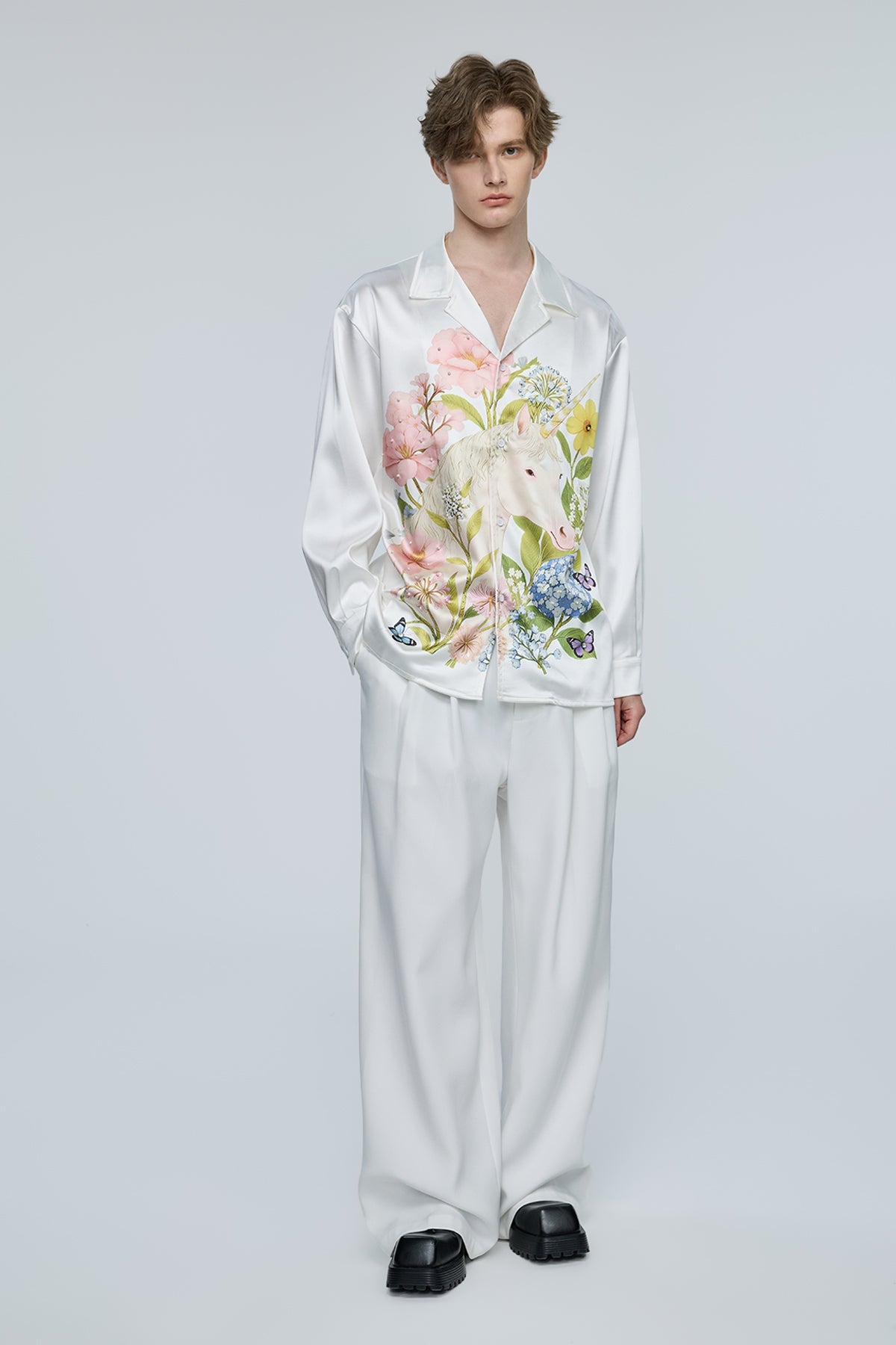 Techno Bloom Print Rhinestone Long Sleeve Top