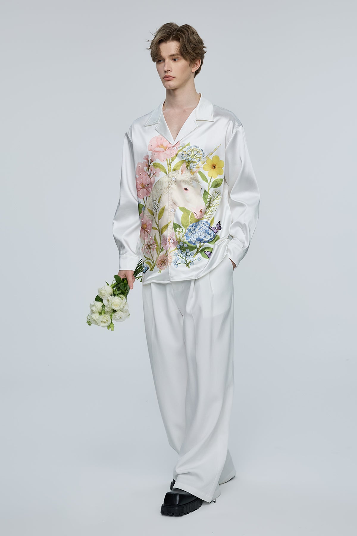Techno Bloom Print Rhinestone Long Sleeve Top