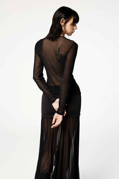 Texture Clash Mesh Long Sleeve Top