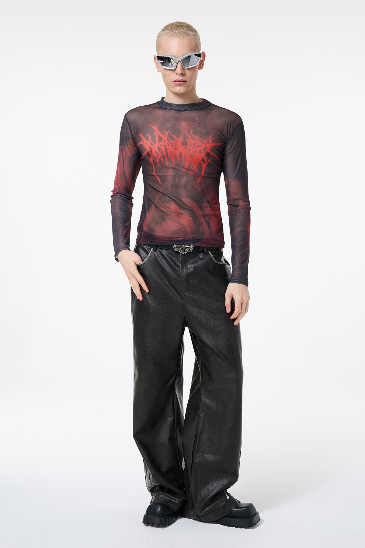 Thin Symbol Print Mesh Long Sleeve Top