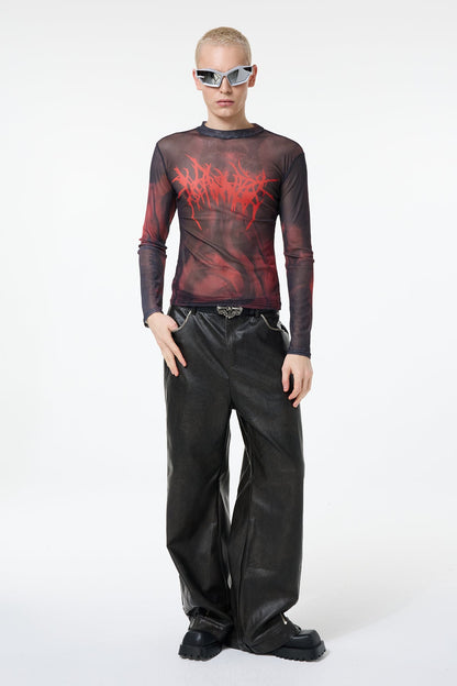 Thin Symbol Print Mesh Long Sleeve Top