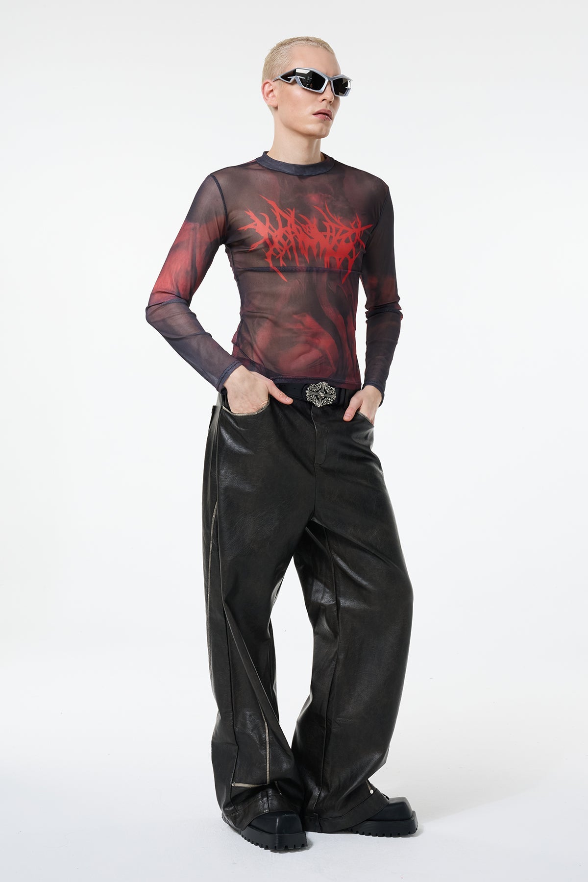 Thin Symbol Print Mesh Long Sleeve Top