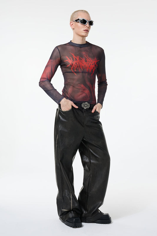 Thin Symbol Print Mesh Long Sleeve Top