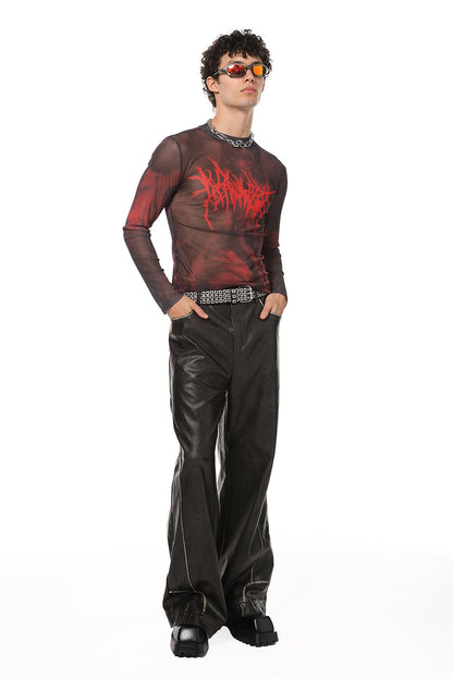 Thin Symbol Print Mesh Long Sleeve Top