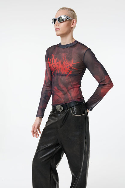 Thin Symbol Print Mesh Long Sleeve Top