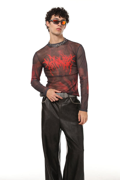 Thin Symbol Print Mesh Long Sleeve Top