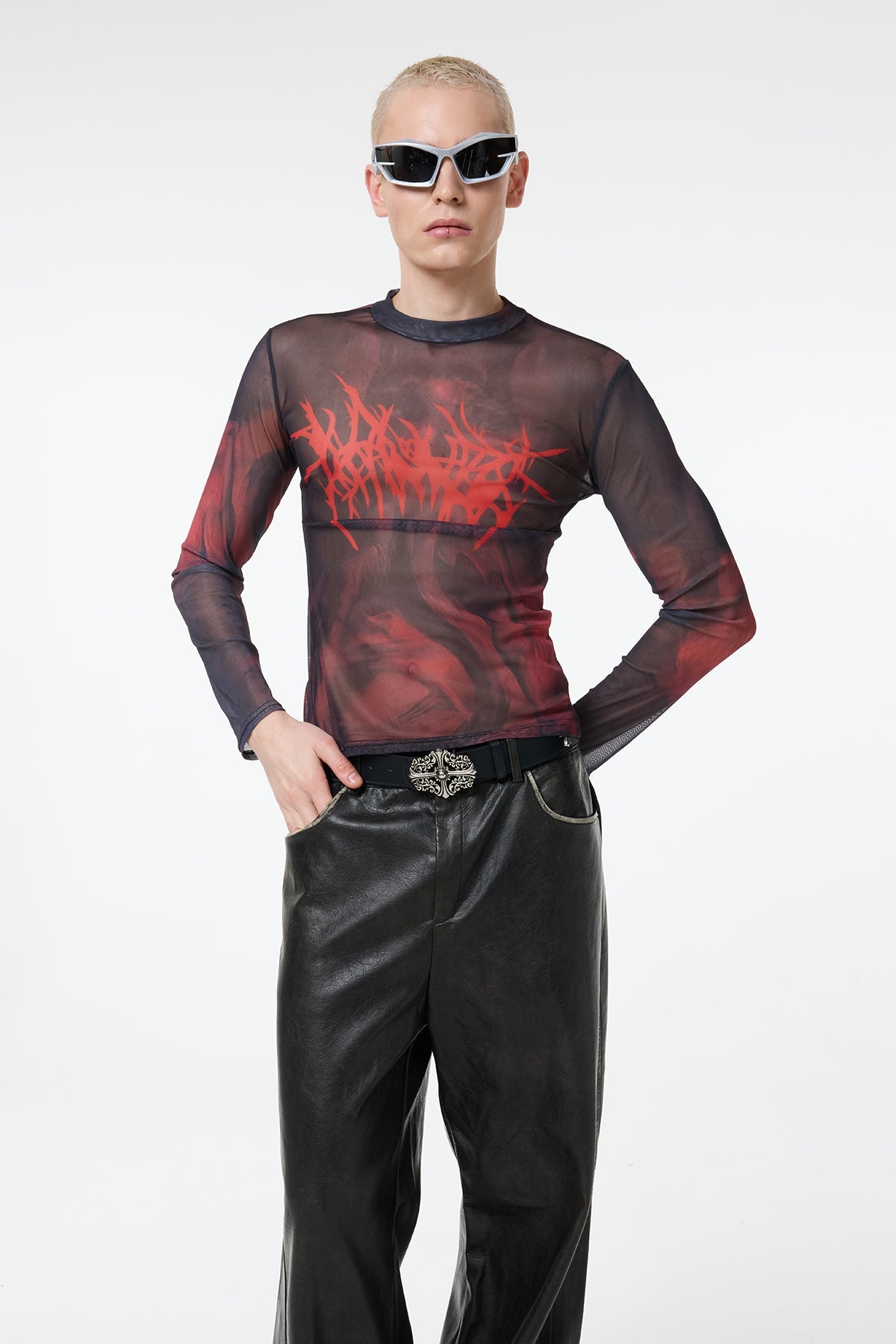 Thin Symbol Print Mesh Long Sleeve Top