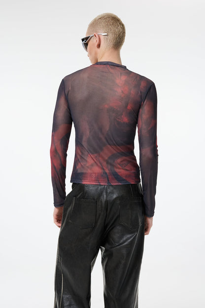 Thin Symbol Print Mesh Long Sleeve Top