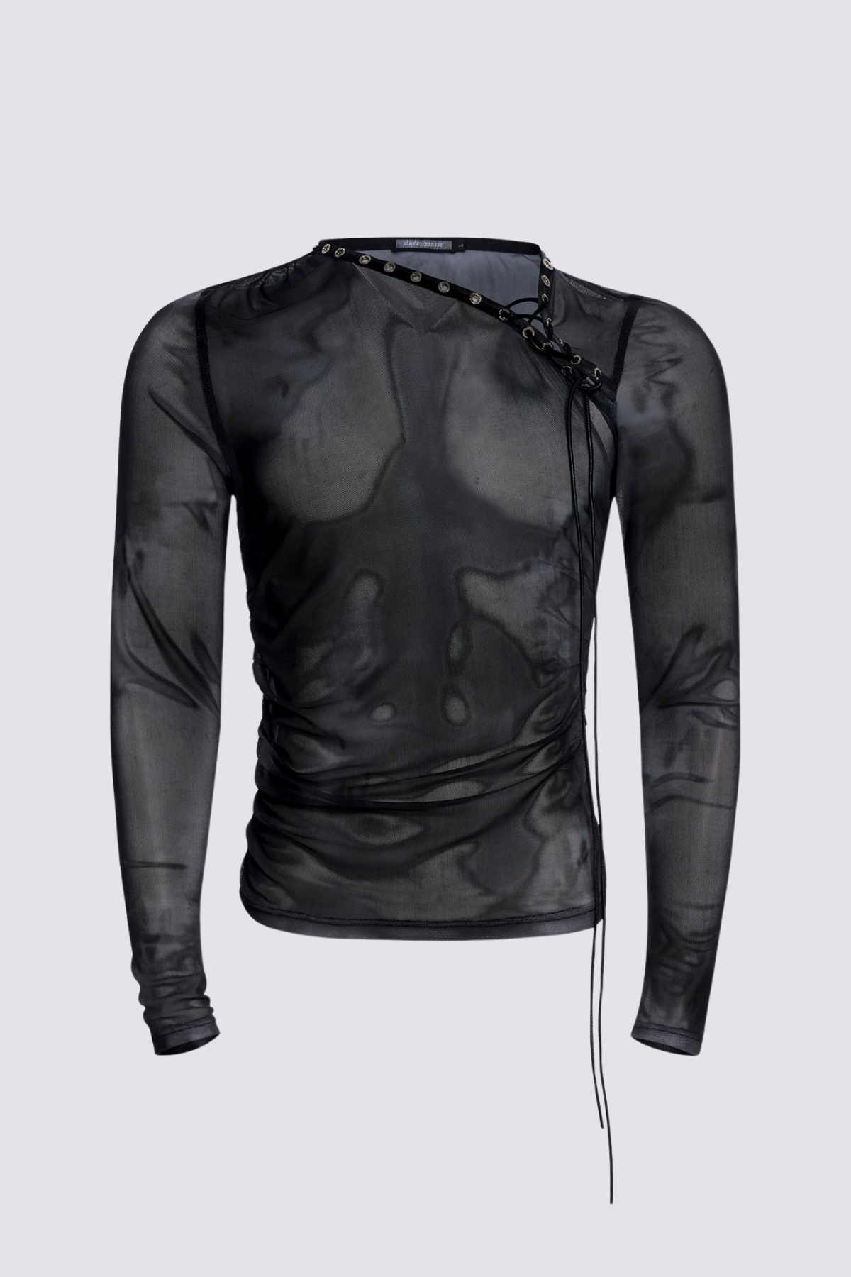 Thin Veil Long Sleeve Mesh Lace Up Top
