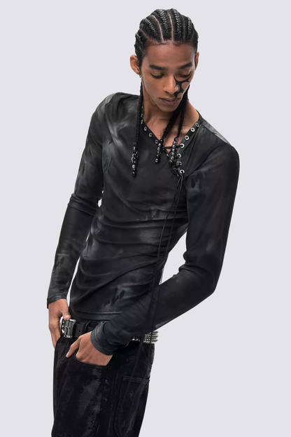 Thin Veil Long Sleeve Mesh Lace Up Top