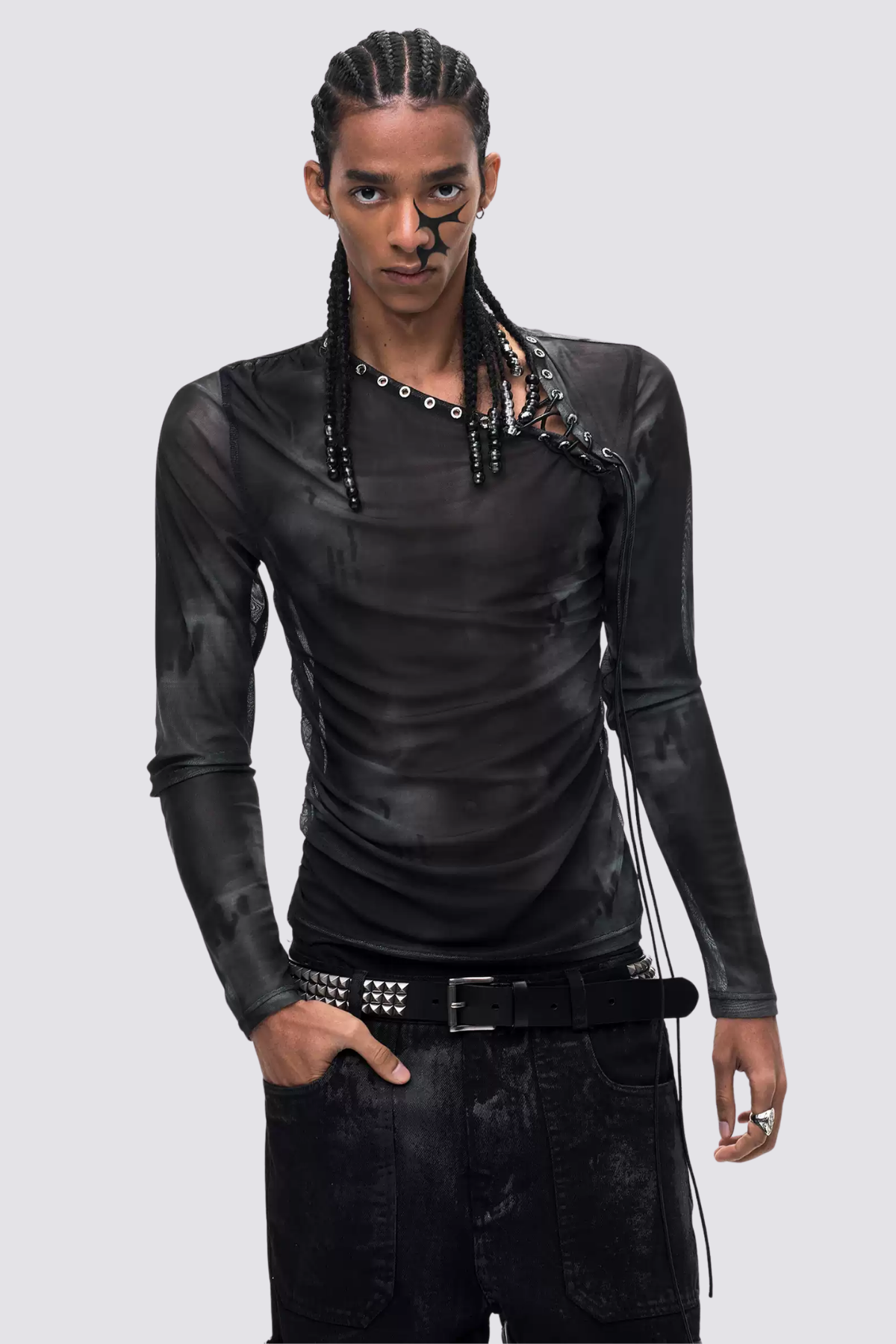 Thin Veil Long Sleeve Mesh Lace Up Top
