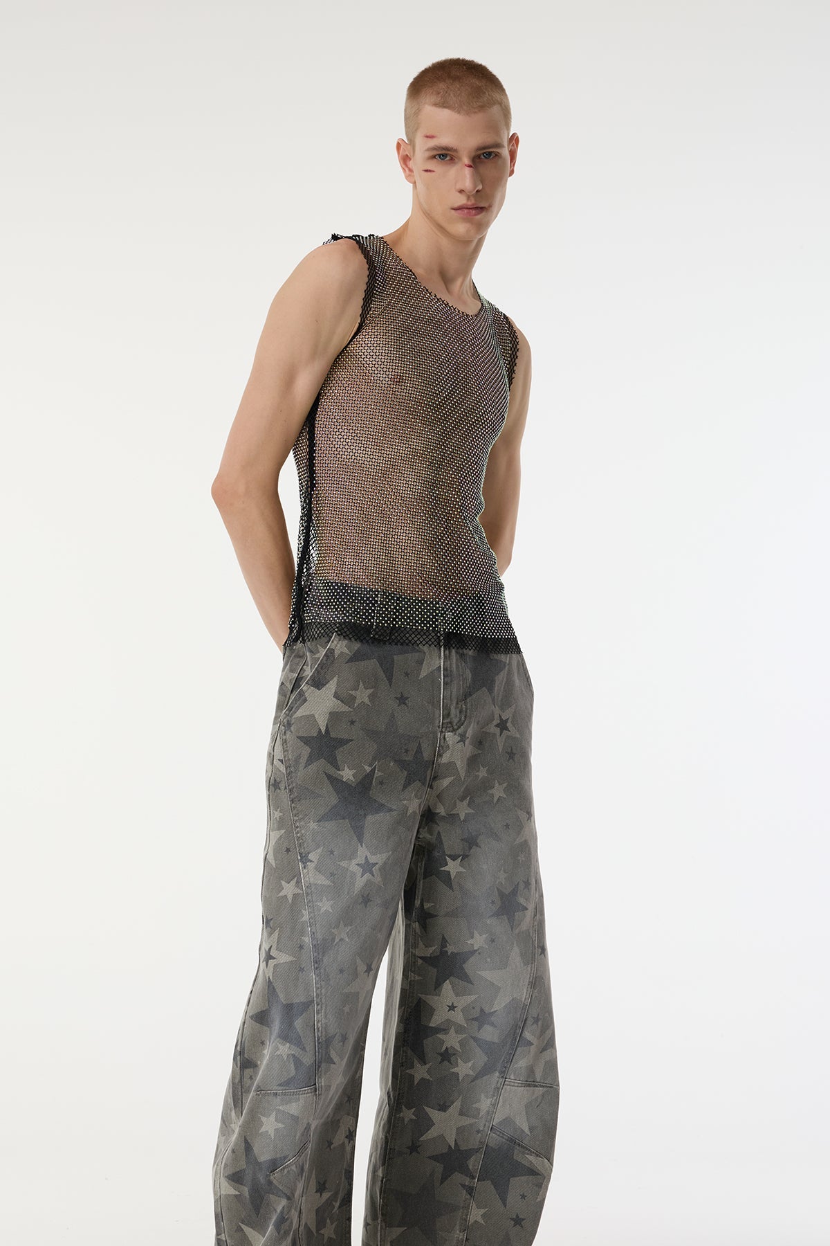 Thread Clash Sleeveless Rhinestone Mesh Top