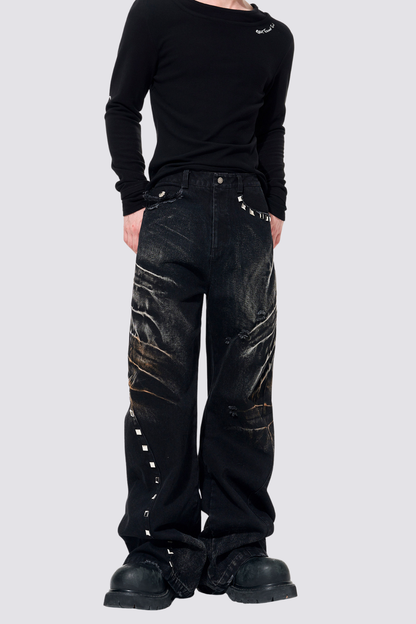 Track Grid Rivet Wide Leg Jeans